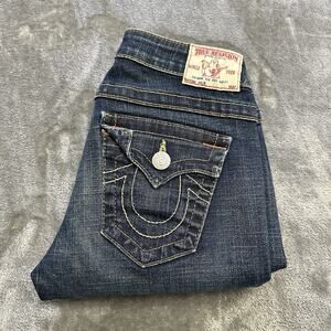True Religion Jeans Women's 26 Blue World Tour Julie Raw‎ Hem Flap Pockets Denim
